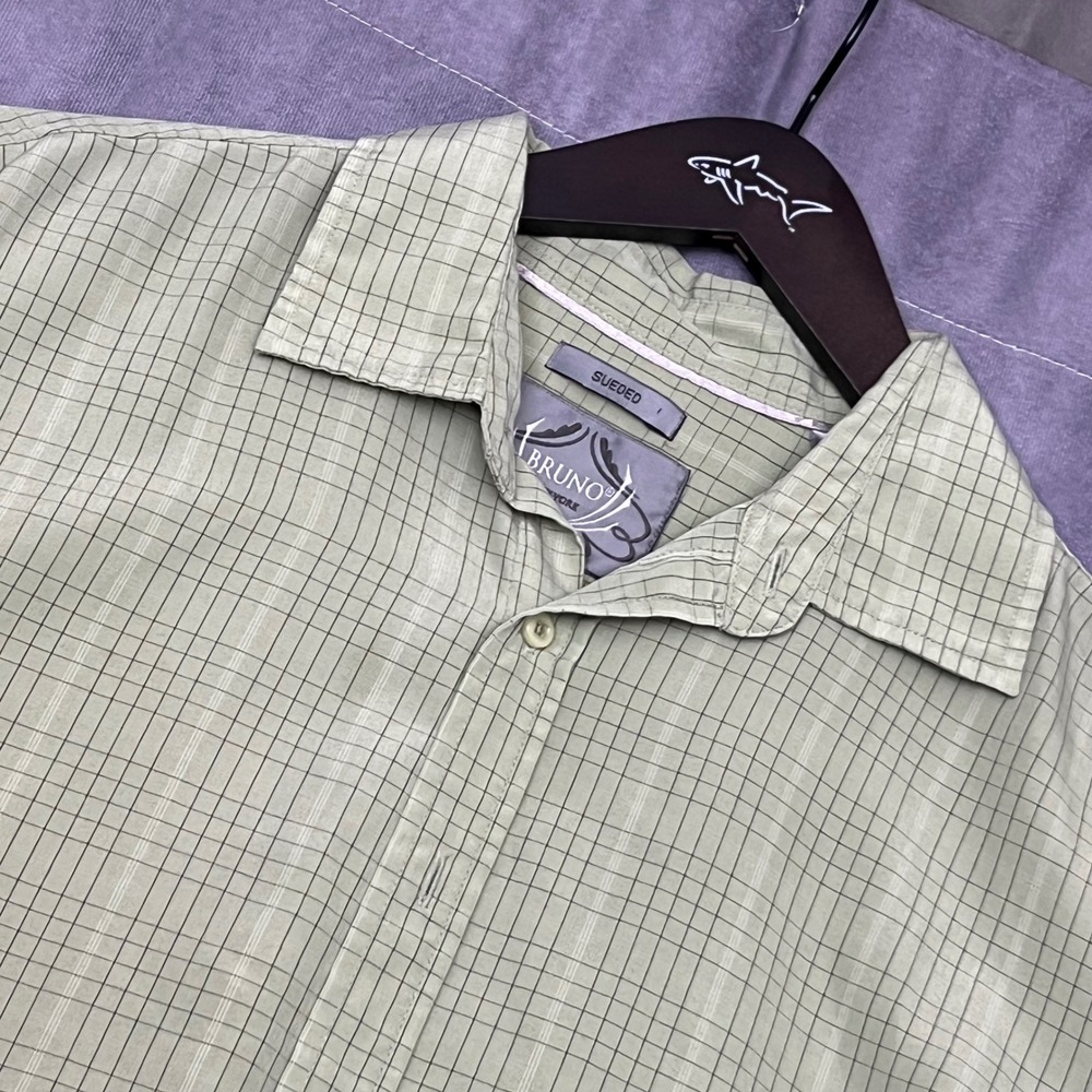 Bruno New York Button Down Shirt Mens XL Sage Green Excellent Sueded Windowpane